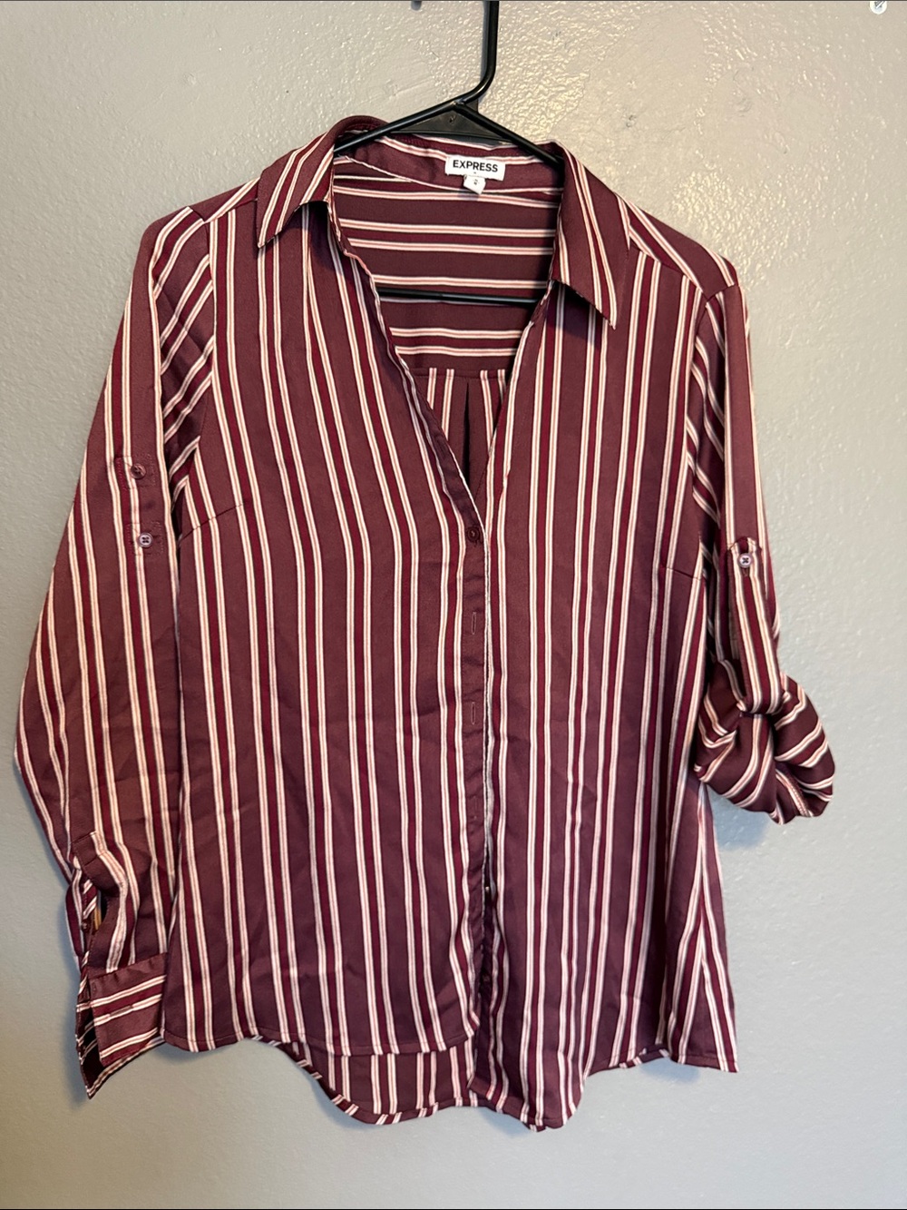 Express Burgundy and Cream Vertical Stripe Button-Down Shirt